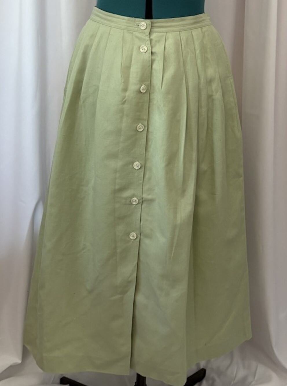Vintage Light Green 100% Linen Midi Skirt, Button Front, Lined, Pockets Sz 14